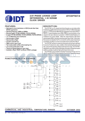 IDTCSPT857ABV datasheet - 2.5V PHASE LOCKED LOOP DIFFERENTIAL 1:10 SDRAM CLOCK DRIVER