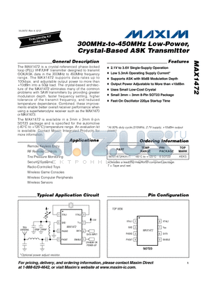 MAX1472_12 datasheet - 300MHz-to-450MHz Low-Power, Crystal-Based ASK Transmitter