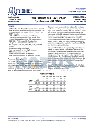 GS8644Z36E-200 datasheet - 72Mb Pipelined and Flow Through Synchronous NBT SRAM