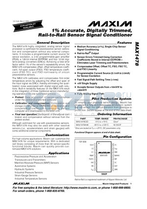 MAX1478 datasheet - 1% Accurate, Digitally Trimmed,Rail-to-Rail Sensor Signal Conditioner
