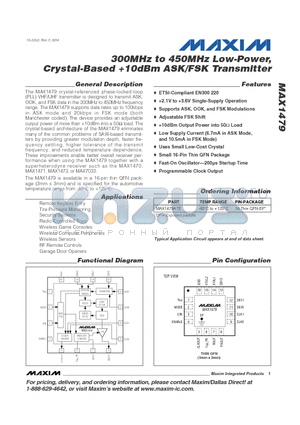 MAX1479ATE datasheet - 300MHz to 450MHz Low-Power, Crystal-Based 10dBm ASK/FSK Transmitter