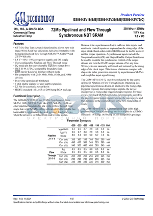 GS8644ZV18B-250I datasheet - 72Mb Pipelined and Flow Through Synchronous NBT SRAM