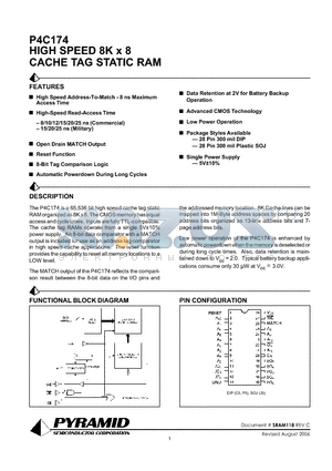 P4C174-10PMB datasheet - HIGH SPEED 8K x 8 CACHE TAG STATIC RAM