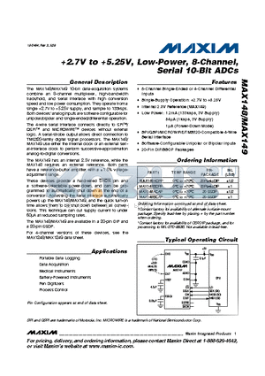 MAX148 datasheet - 2.7V to 5.25V, Low-Power, 8-Channel, Serial 10-Bit ADCs