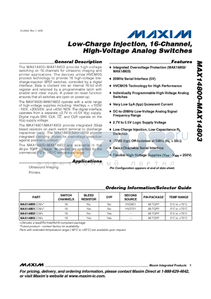 MAX14800CCM+ datasheet - Low-Charge Injection, 16-Channel, High-Voltage Analog Switches