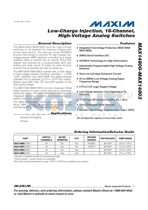 MAX14801 datasheet - Low-Charge Injection, 16-Channel, High-Voltage Analog Switches