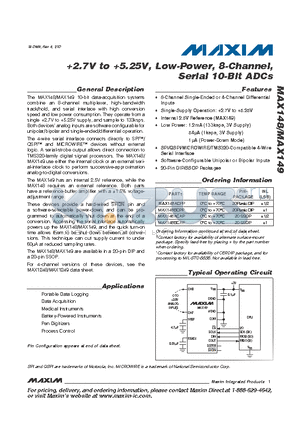 MAX148 datasheet - 2.7V to 5.25V, Low-Power, 8-Channel, Serial 10-Bit ADCs