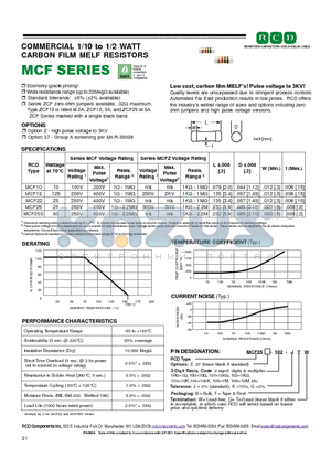MCF2537-100KT datasheet - COMMERCIAL 1/10 to 1/2 WATT CARBON FILM MELF RESISTORS