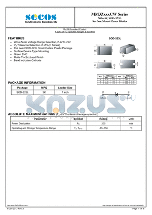 MM3Z4V3CW datasheet - 200mW, SOD-323L Surface Mount Zener Diodes