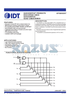 IDTQS32257S1 datasheet - QUICKSWITCH PRODUCTS HIGH-SPEED CMOS QUICKSWITCH QUAD 2:MUX/DEMUX