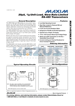 MAX1483EPA datasheet - 20^, 1⁄8-Unit-Load, Slew-Rate-Limited RS-485 Transceivers