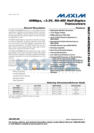 MAX14841E datasheet - 40Mbps, 3.3V, RS-485 Half-Duplex Transceivers