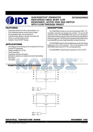 IDTQS32XR862 datasheet - QUICKSWITCH PRODUCTS HIGH-SPEED CMOS 20-BIT LOW RESISTANCE, ACTIVE HIGH BUS SWITCH WITH FLOW-THROUGH PINOUT