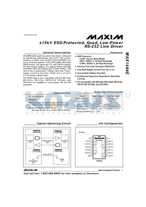 MAX1488ECPD datasheet - a15kV ESD-Protected, Quad, Low-Power RS-232 Line Driver