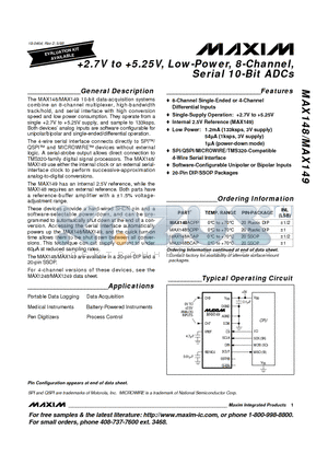 MAX148BCAP datasheet - 2.7V to 5.25V, Low-Power, 8-Channel, Serial 10-Bit ADCs