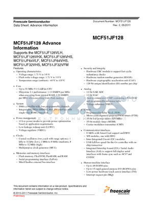MCF51JF128 datasheet - Advance Information Temperature range (ambient): -40`C to 105`C