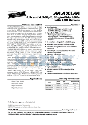 MAX1492 datasheet - 3.5- and 4.5-Digit, Single-Chip ADCs with LCD Drivers