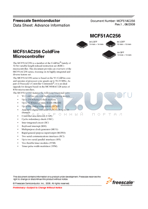 MCF51AC256AVLKE datasheet - MCF51AC256 ColdFire Microcontroller