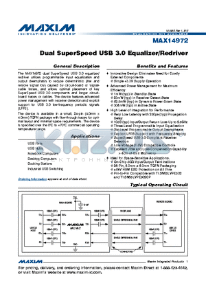 MAX14972CTG+ datasheet - Dual SuperSpeed USB 3.0 Equalizer/Redriver