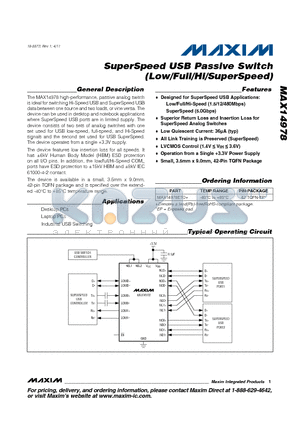 MAX14978ETO datasheet - SuperSpeed USB Passive Switch (Low/Full/Hi/SuperSpeed)