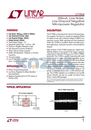 LT1964ES5-BYPTR datasheet - 200mA, Low Noise,Low Dropout Negative Micropower Regulator