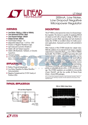 LT1964ES5-BYPPBF datasheet - 200mA, Low Noise,Low Dropout Negative Micropower Regulator