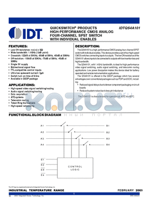 IDTQS4A101 datasheet - QUICKSWITCH^ PRODUCTS HIGH-PERFORMANCE CMOS ANALOG FOUR-CHANNEL SPST SWITCH WITH INDIVIDUAL ENABLES