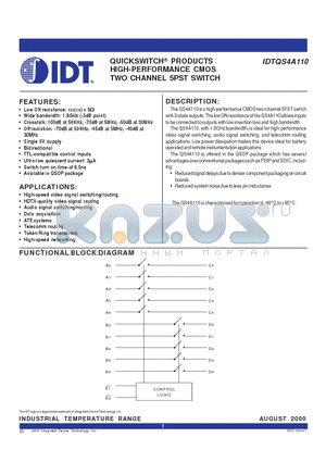 IDTQS4A110 datasheet - QUICKSWITCH PRODUCTS HIGH-PERFORMANCE CMOS TWO CHANNEL 5PST SWITCH