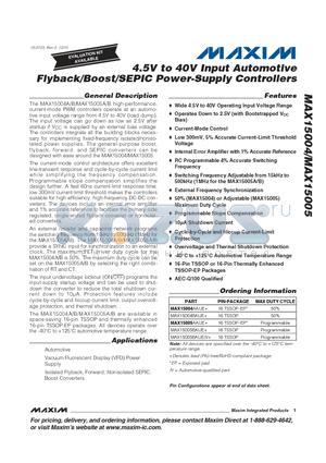 MAX15004BAUE datasheet - 4.5V to 40V Input Automotive Flyback/Boost/SEPIC Power-Supply Controllers