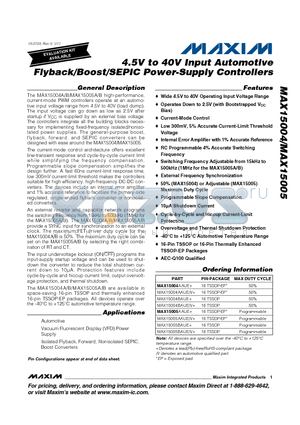 MAX15004BAUE+ datasheet - 4.5V to 40V Input Automotive Flyback/Boost/SEPIC Power-Supply Controllers