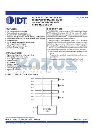 IDTQS4A205 datasheet - HIGH-PERFORMANCE CMOS ANALOG FOUR-CHANNEL SPDT MUX/DEMUX