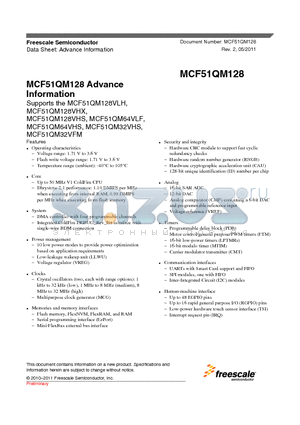 MCF51QM128VHS datasheet - Advance Information Temperature range (ambient): -40`C to 105`C