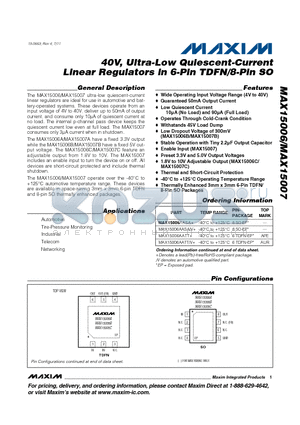 MAX15006AASA datasheet - 40V, Ultra-Low Quiescent-Current Linear Regulators in 6-Pin TDFN/8-Pin SO