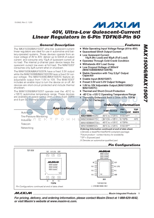 MAX15006AASA+ datasheet - 40V, Ultra-Low Quiescent-Current Linear Regulators in 6-Pin TDFN/8-Pin SO