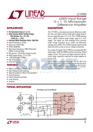 LT1990IS8 datasheet - 250V Input Range G = 1, 10, Micropower, Difference Amplifier