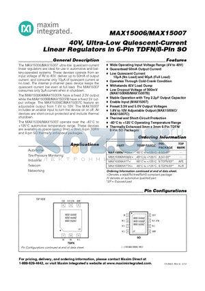 MAX15006BASA+ datasheet - 40V, Ultra-Low Quiescent-Current Linear Regulators in 6-Pin TDFN/8-Pin SO