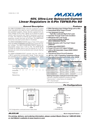 MAX15006CATT+ datasheet - 40V, Ultra-Low Quiescent-Current Linear Regulators in 6-Pin TDFN/8-Pin SO