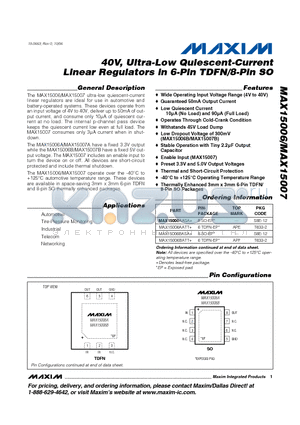 MAX15007BATT+ datasheet - 40V, Ultra-Low Quiescent-Current Linear Regulators in 6-Pin TDFN/8-Pin SO