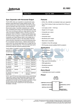 EL1883IS datasheet - Sync Separator with Horizontal Output