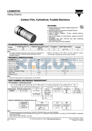 LCM020701001JBS00 datasheet - Carbon Film, Cylindrical, Fusible Resistors