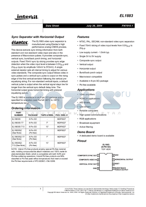EL1883ISZT13 datasheet - Sync Separator with Horizontal Output