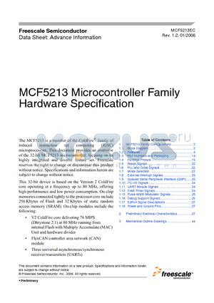 MCF5211 datasheet - Microcontroller Family Hardware Specification