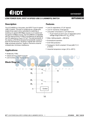 IDTUS8030 datasheet - LOW POWER DUAL SPDT HI-SPEED USB 2.0 (480MBPS) SWITCH