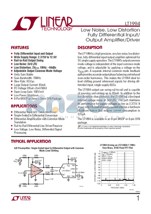 LT1994 datasheet - Low Noise, Low Distortion Fully Differential Input/Output Amplifi er/Driver