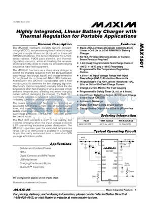 MAX1501 datasheet - Highly Integrated, Linear Battery Charger with Thermal Regulation for Portable Applications