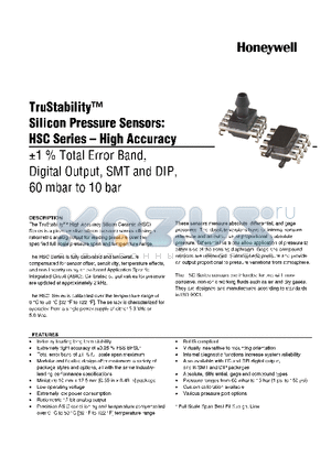 HSCDRRD010BC2A3 datasheet - TruStability silicon Pressure Sensors: HSC Series-High Accuracy -1% total Error band,Digital output,SMT and DIP,60 mbar to 10 bar