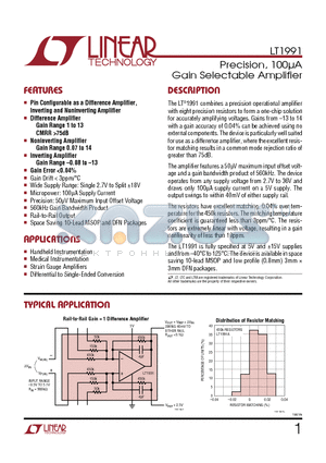 LT1995 datasheet - Precision, 100lA Gain Selectable Amplifier