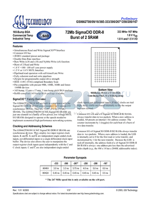 GS8662T18E-167 datasheet - 72Mb SigmaCIO DDR-II Burst of 2 SRAM