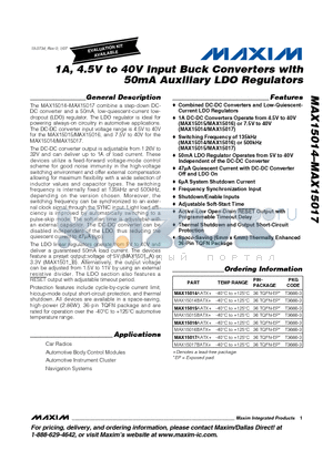 MAX15016BATX+ datasheet - 1A, 4.5V to 40V Input Buck Converters with 50mA Auxiliary LDO Regulators