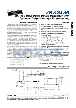 MAX15020ATP datasheet - 2A, 40V Step-Down DC-DC Converter with Dynamic Output-Voltage Programming